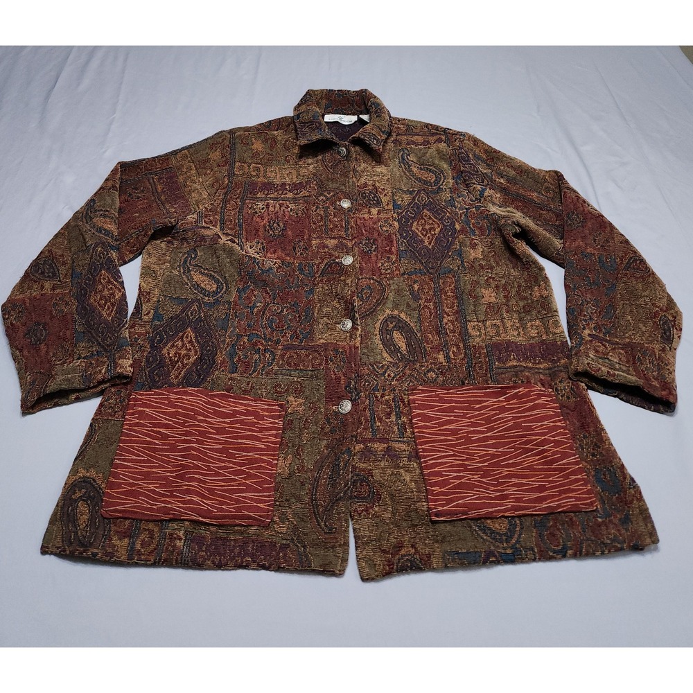 Erin London Tapestry Jacket Womens 1X Paisley Woven Button Frnt Boho Multi Color